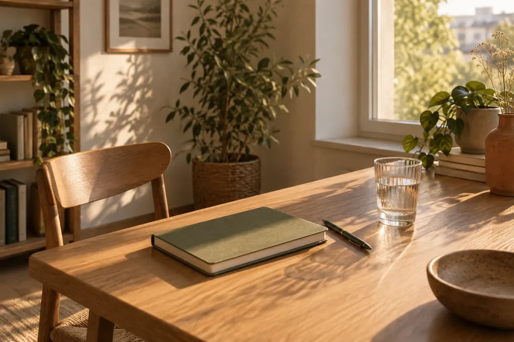 Un espacio de trabajo tranquilo con luz de tarde