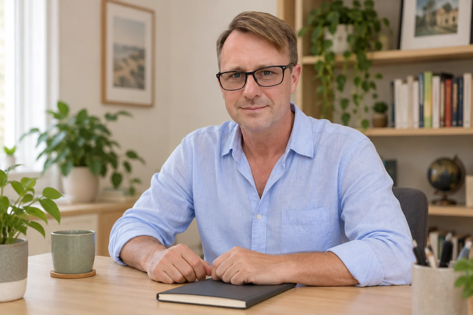 Alexis Santander con gafas, sentado junto a un cuaderno