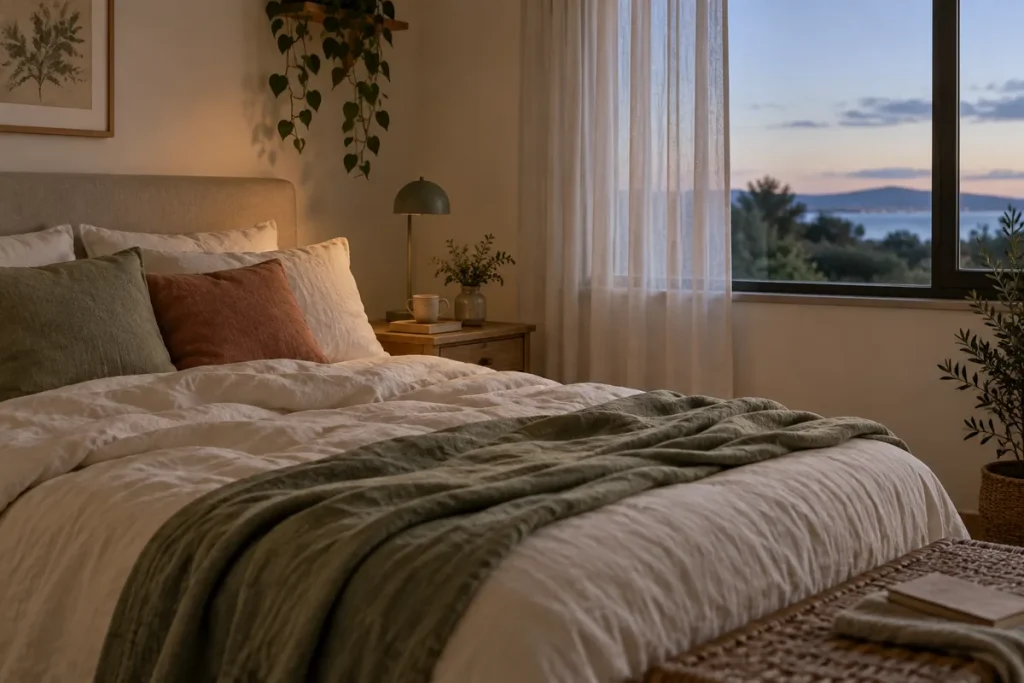 Un dormitorio sereno iluminado por la luz del atardecer