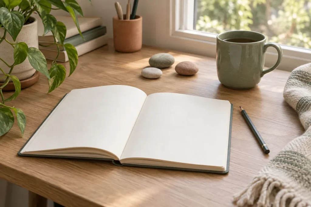 Un cuaderno y objetos cotidianos organizados sobre una mesa