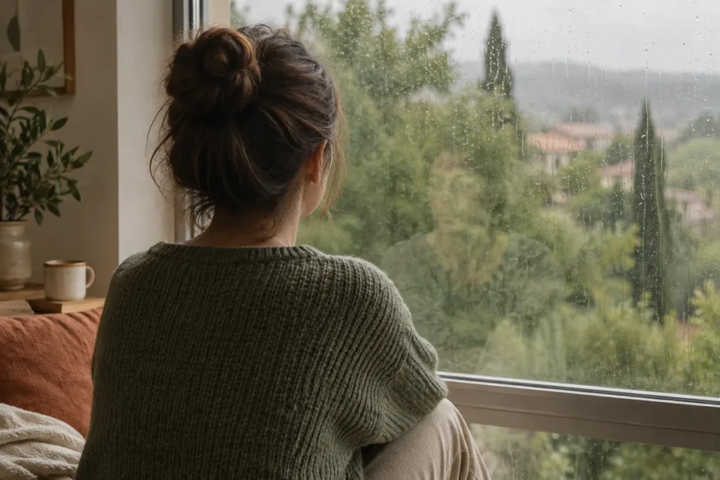 Una persona de espaldas junto a una ventana con gotas de lluvia