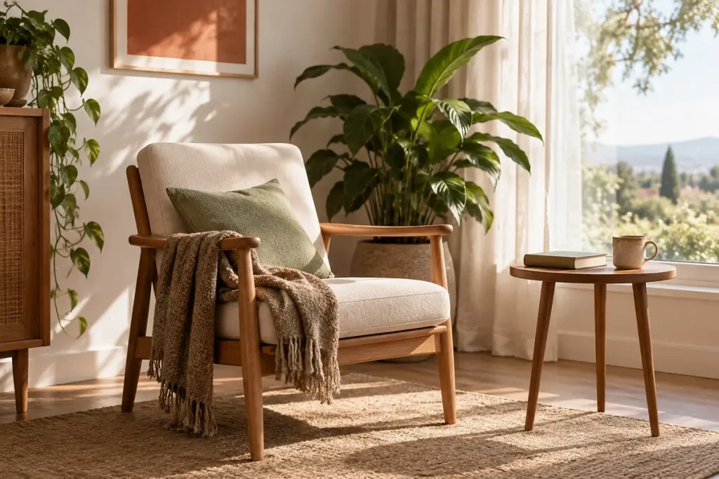 Una silla vacía junto a una planta viva