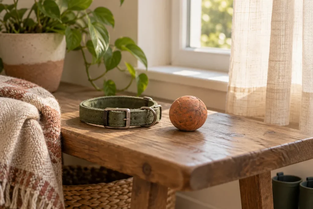 Un collar y una pelota de mascota junto a una ventana