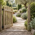 Una pequeña puerta de jardín abierta entre plantas