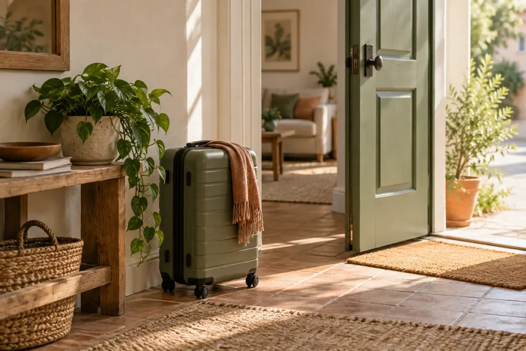 Una maleta y una planta junto a la puerta de una casa