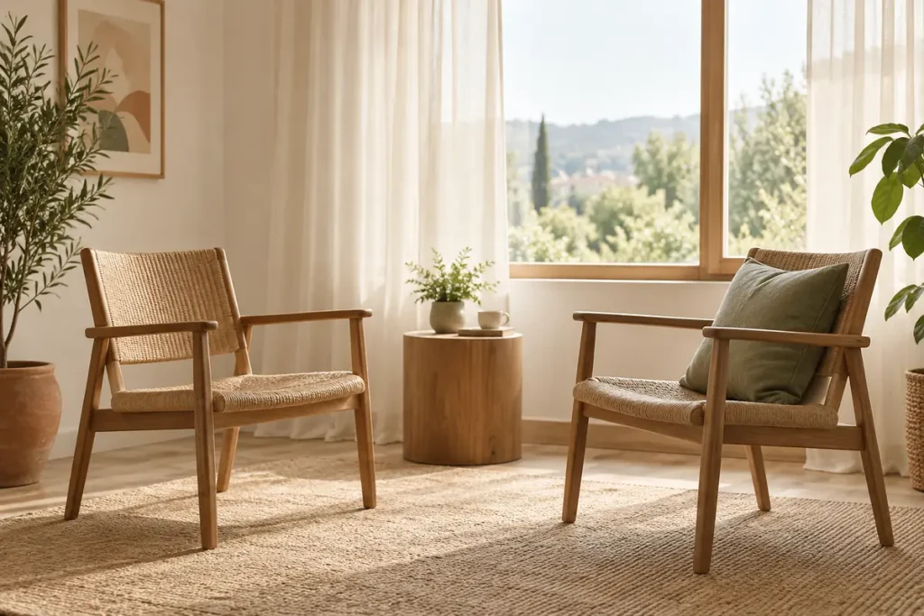 Dos sillas próximas con espacio entre ellas, en una habitación luminosa